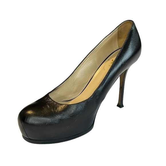 YSL Yves Saint Laurent Leather Round Toe Stiletto Tribute Pumps - Picture 1 of 12